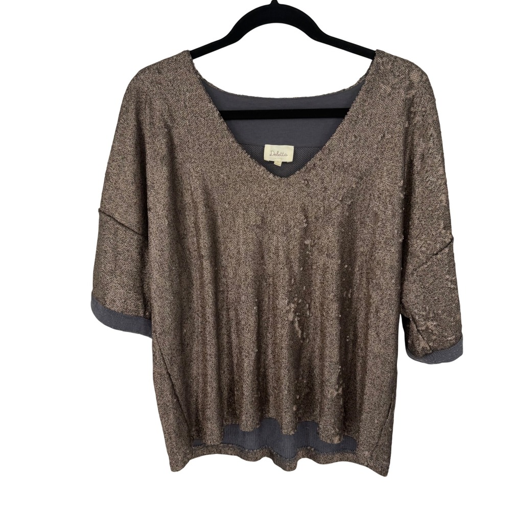 Deletta Sequin Top Womens Large Bronze Excellent V-Neck Dolman Sleeve OB553672
